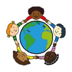 children holding hands in a circle, planet earth in center